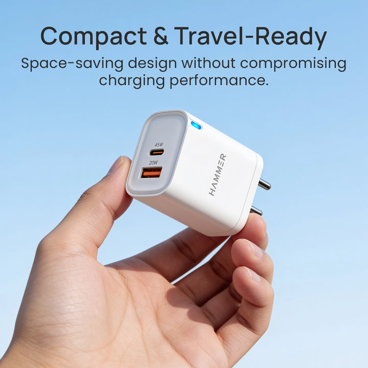Hammer 45W Dual Port Fast Charger for Samsung and iPhone with PD, PPS Technology Without Cable (White)