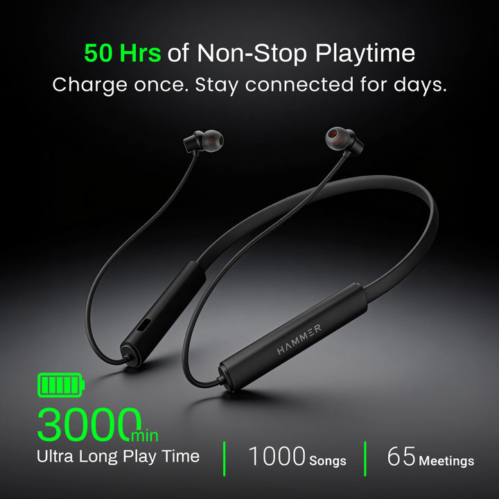 HAMMER Splendor 2 Bluetooth Neckband V6.0 & ENC with 50H Playtime (Black)