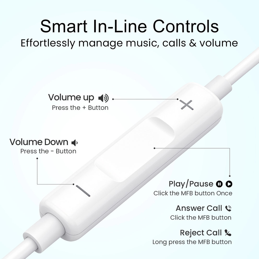 HAMMER Nova 3 Type C Earphones with 13mm Drivers, MFB Control, Ergonomic Half In-Ear Wired Earphones – White