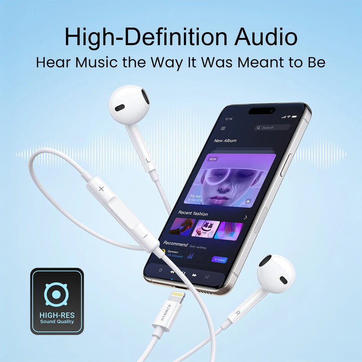 Hammer Nova 4 Lightning Earphones with Mic, Ergonomic Half In-Ear Wired Earphones for iPhones - White