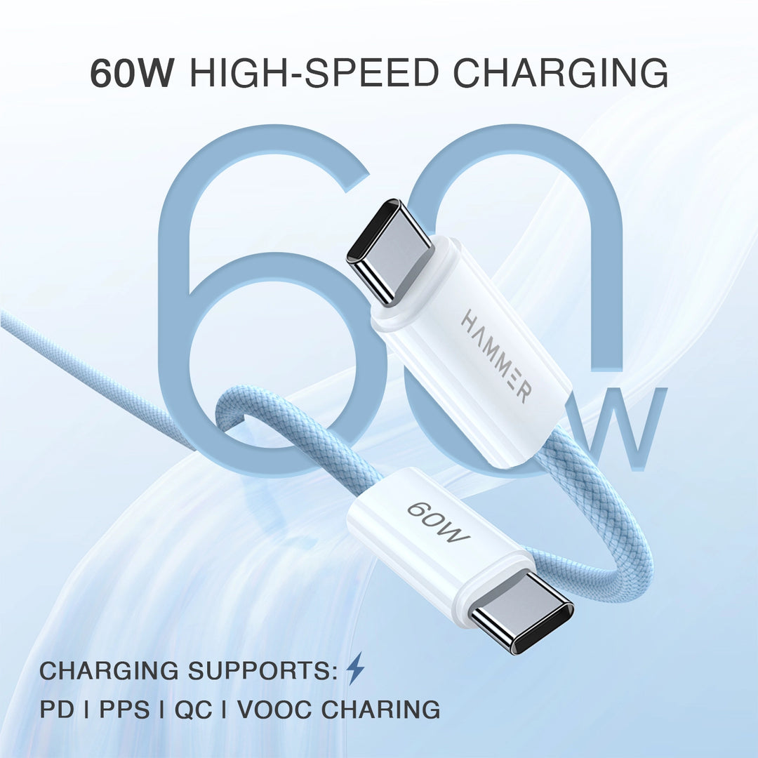 Hammer 60W Magnetic Braided USB Type-C to C Fast Charging & Data Transfer Cable, Durable Tangle Free Design (Blue)