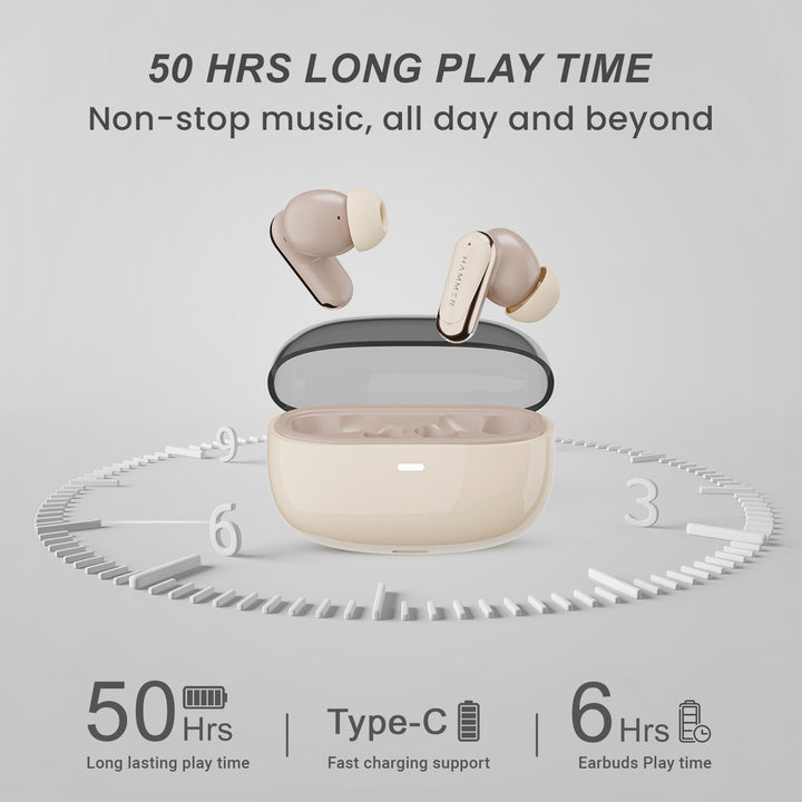 Hammer Aura Wireless Ear Buds with 32dB ANC, 4-Mic ENC,50H Playtime, Low Latency Gaming Mode, IPX4 (Beige)