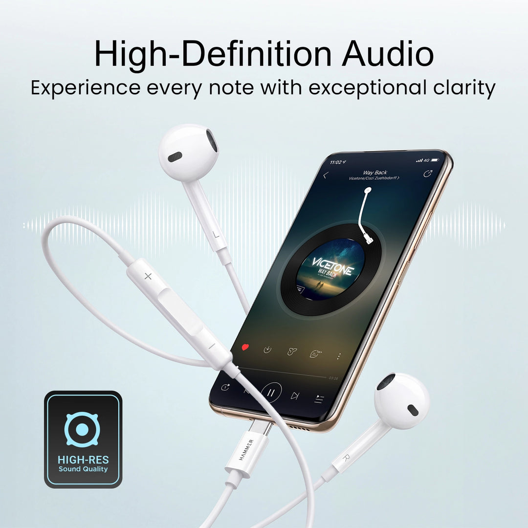 HAMMER Nova 3 Type C Earphones with 13mm Drivers, MFB Control, Ergonomic Half In-Ear Wired Earphones – White