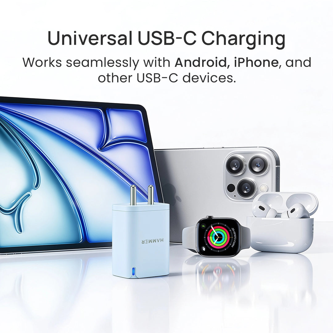 Hammer 25W Fast Type C Charger for Samsung and iPhone with PD, PPS Technology Without Cable (Sky Blue)