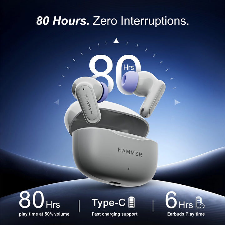 Hammer Airflow Neo TWS - 80H Playtime, 13mm Titanium Driver, ENC with 2 MEMS Mics (Grey)
