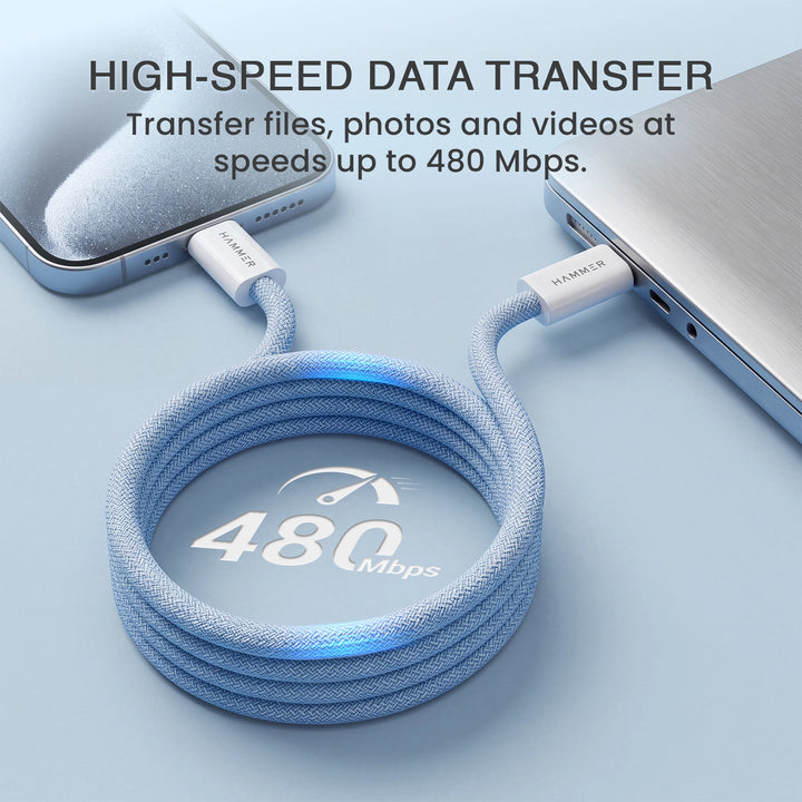 Hammer 60W Magnetic Braided USB Type-C to C Fast Charging & Data Transfer Cable, Durable Tangle Free Design (Blue)