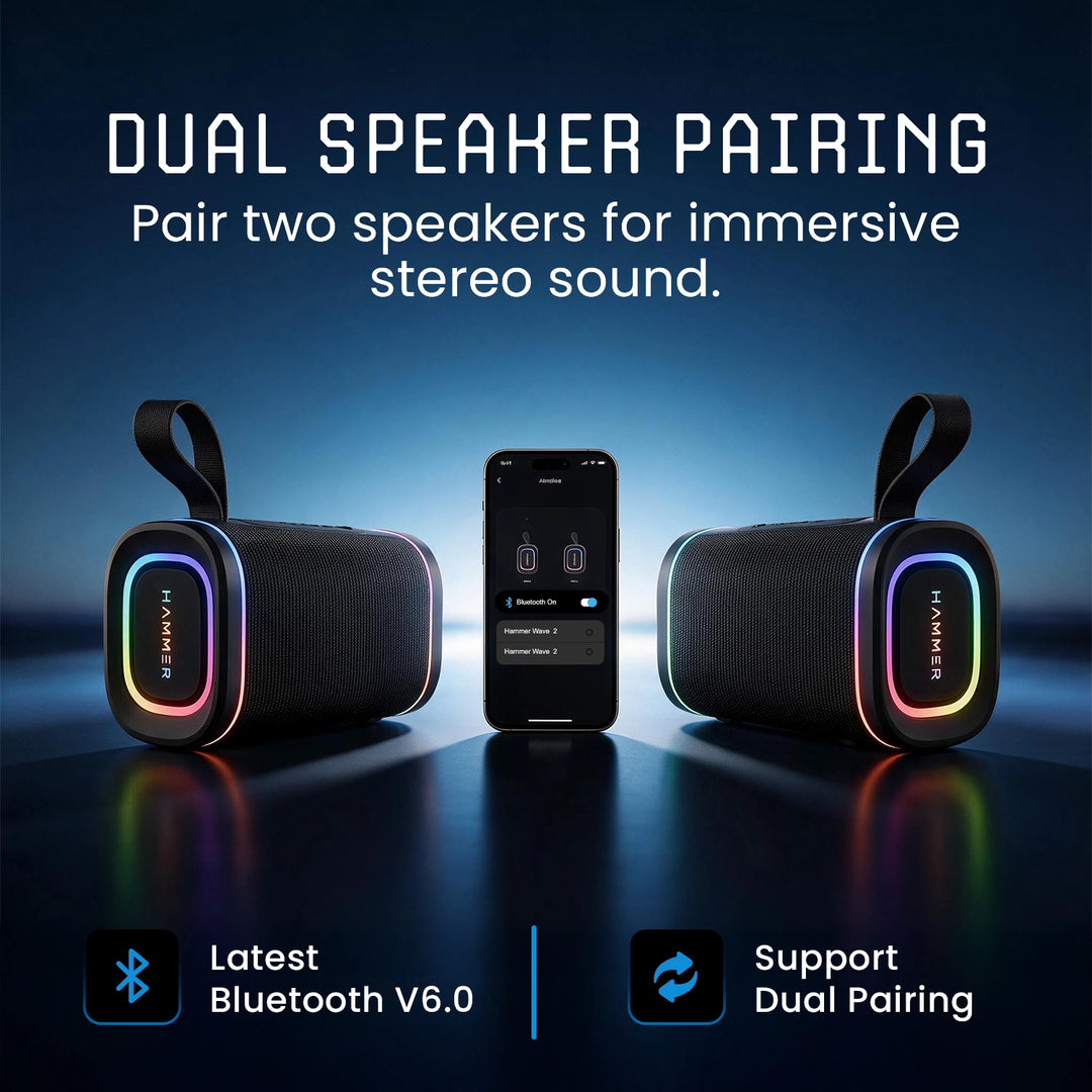 Hammer Wave 2 Bluetooth Speaker 20W RMS with Deep Bass, RGB Lights, Dual Pairing (Black)