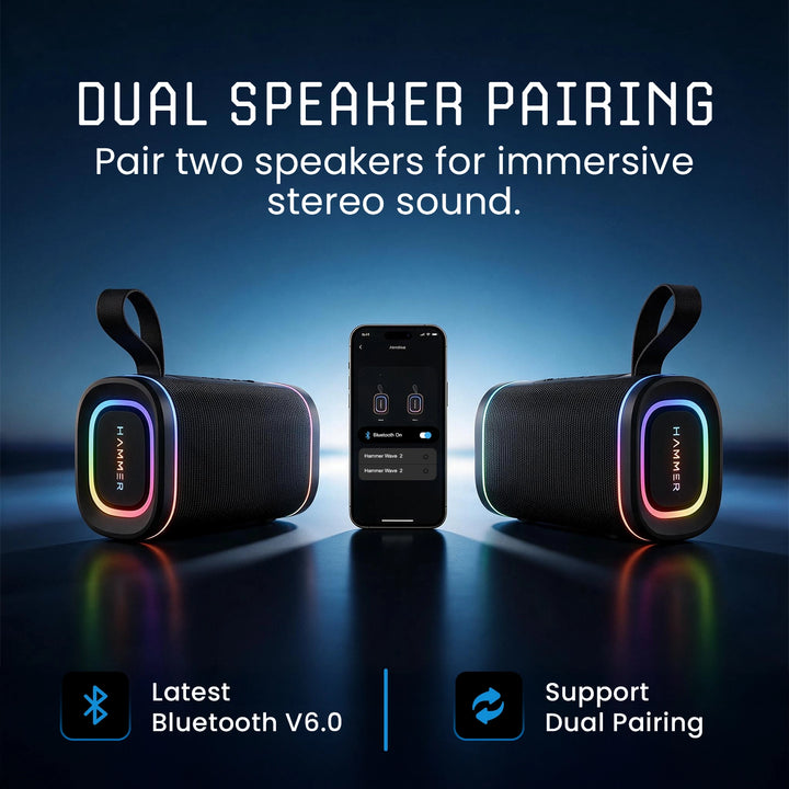 Hammer Wave 2 Bluetooth Speaker 20W RMS with Deep Bass, RGB Lights, Dual Pairing (Black)