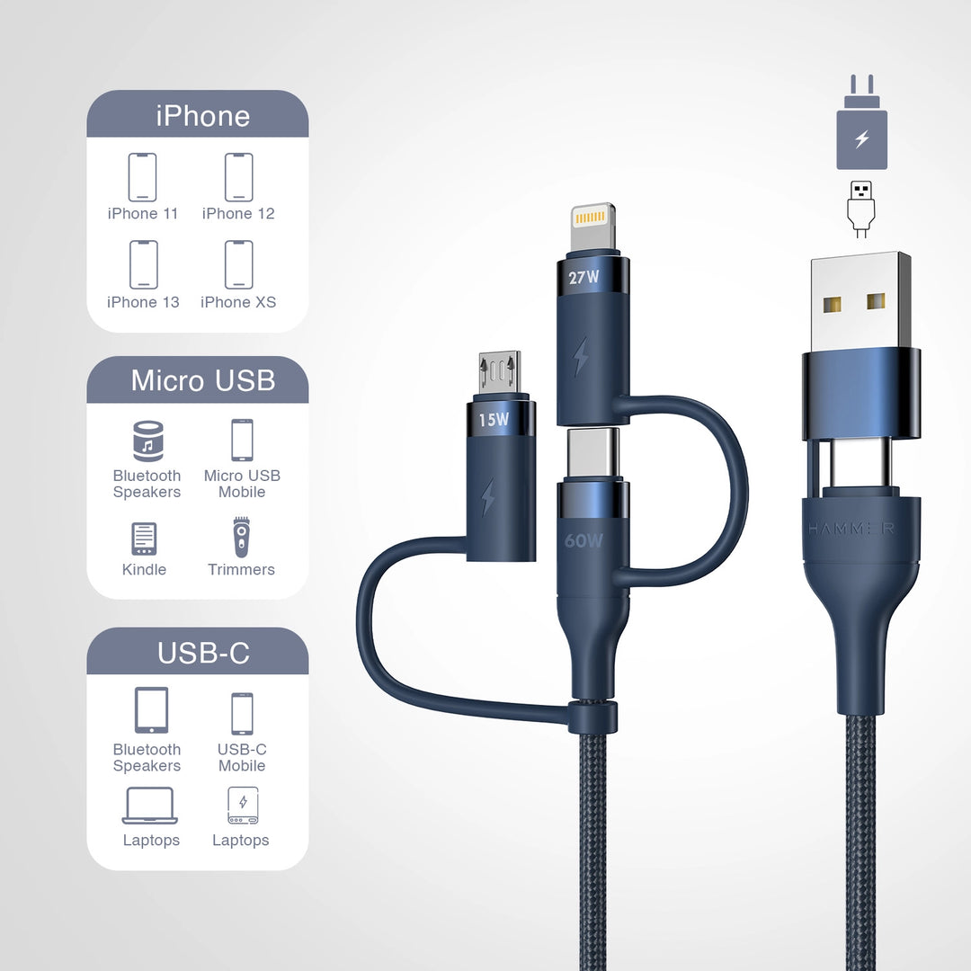 HAMMER 60W 5 in 1 Cable, PD Fast Charging Cable, USB C/A to 60W Type C / 15W Micro / 27W Lightning - Blue