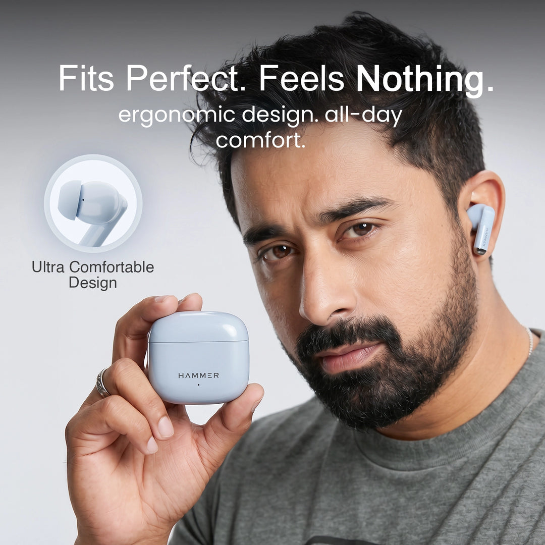 Hammer Airflow Solo Earbuds with 80H Playtime, Bluetooth v6.0, 13mm Drivers, Fast Charging (Blue)