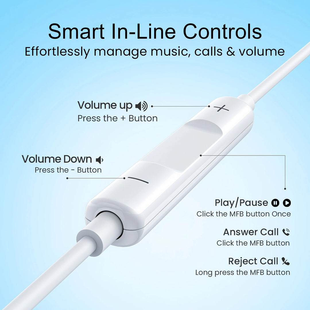 Hammer Nova 4 Lightning Earphones with Mic, Ergonomic Half In-Ear Wired Earphones for iPhones - White