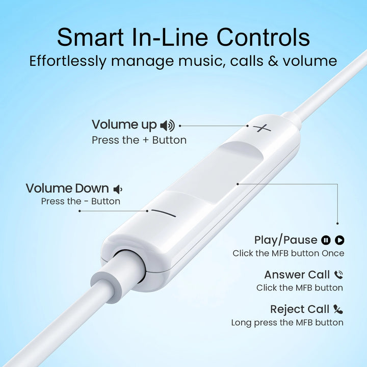 Hammer Nova 4 Lightning Earphones with Mic, Ergonomic Half In-Ear Wired Earphones for iPhones - White
