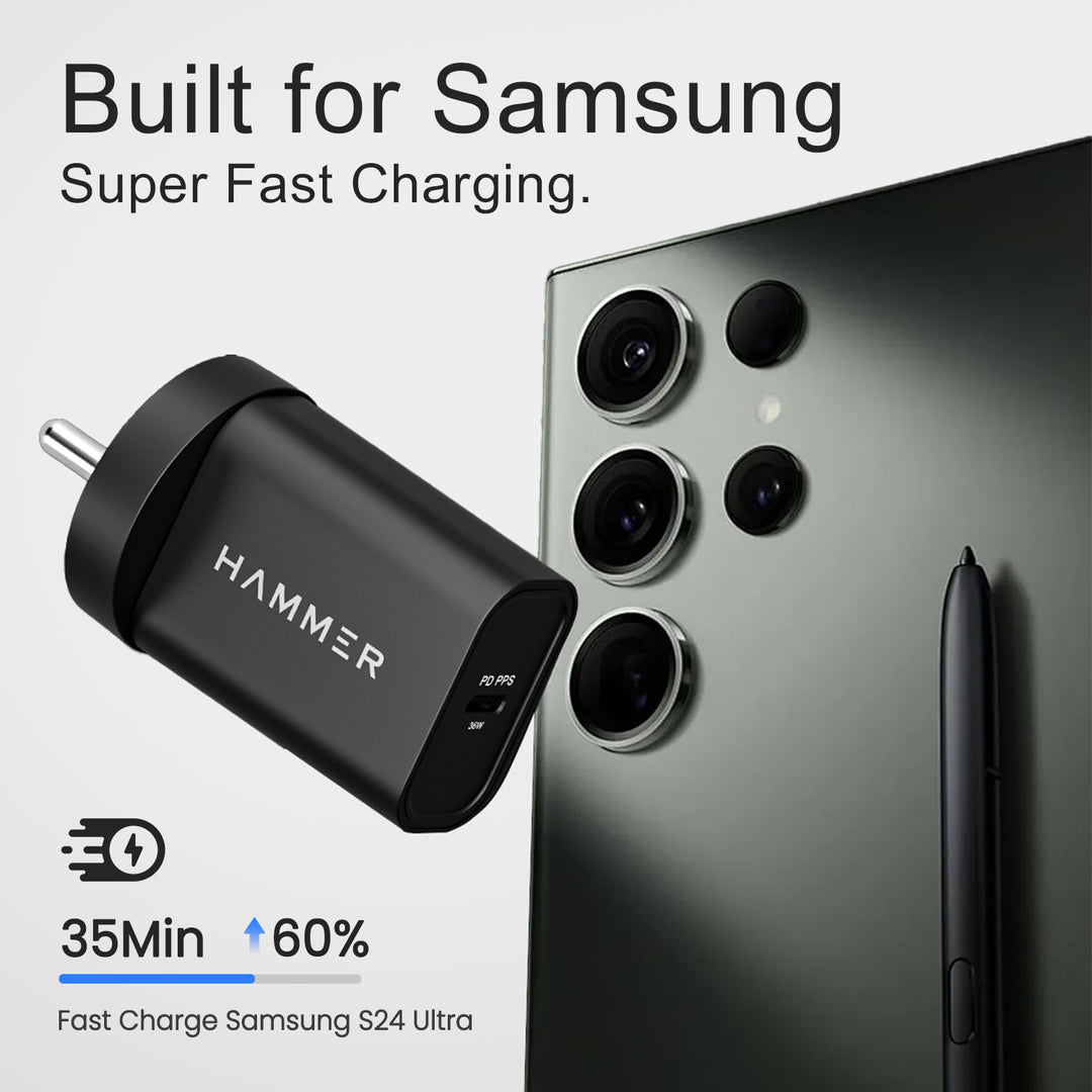 Hammer 36W Fast GaN Charger, iPhone 0 to 50% in 30mins, Dual USB-C, Compatible with iPhone, Samsung Mobiles & Laptop, 2 Yr Warranty, With C to C Cable (Black)