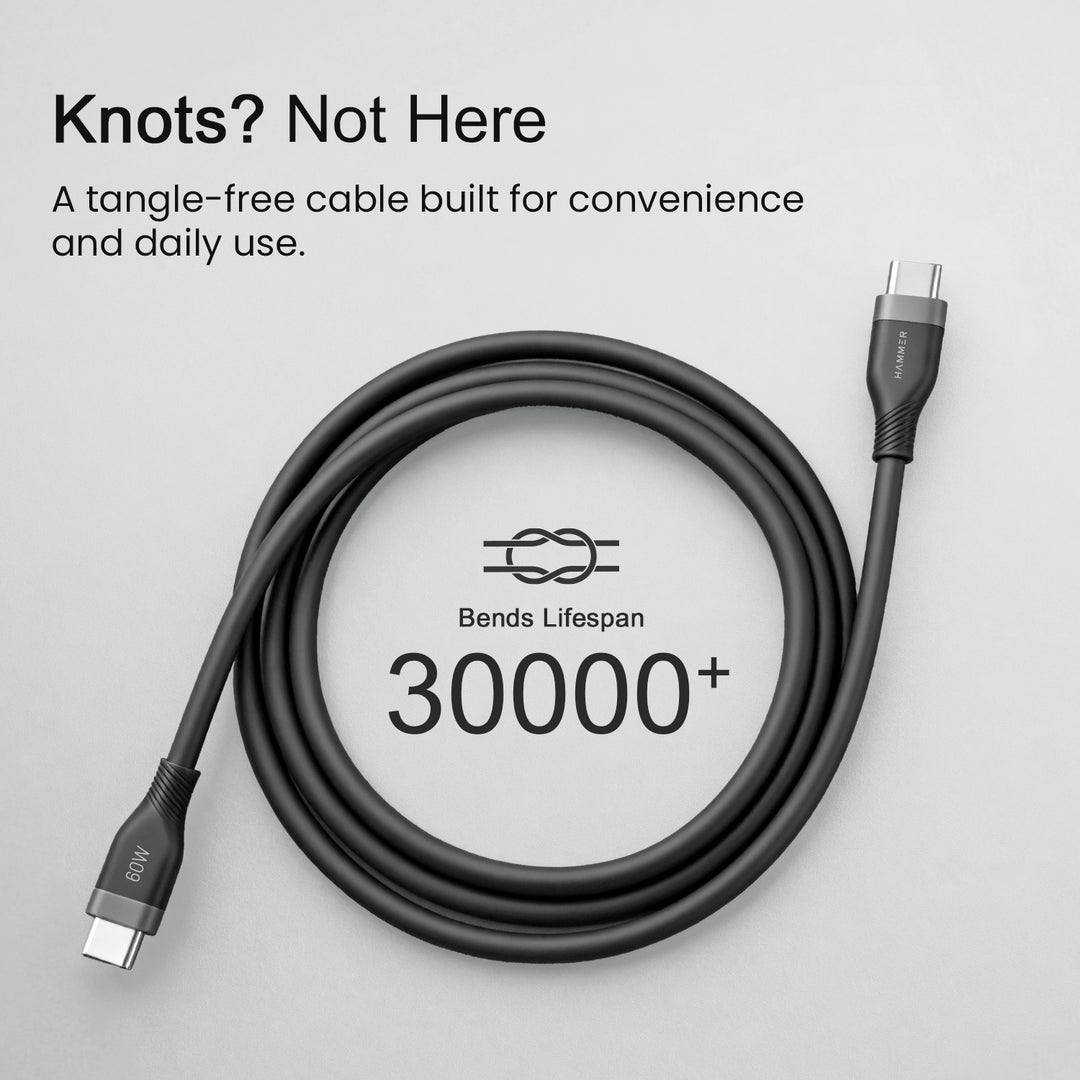 Hammer Type C to Type C Cable 60W Silicone Cable, Data Sync, Compatible with all C-Type Enabled Devices (Black)