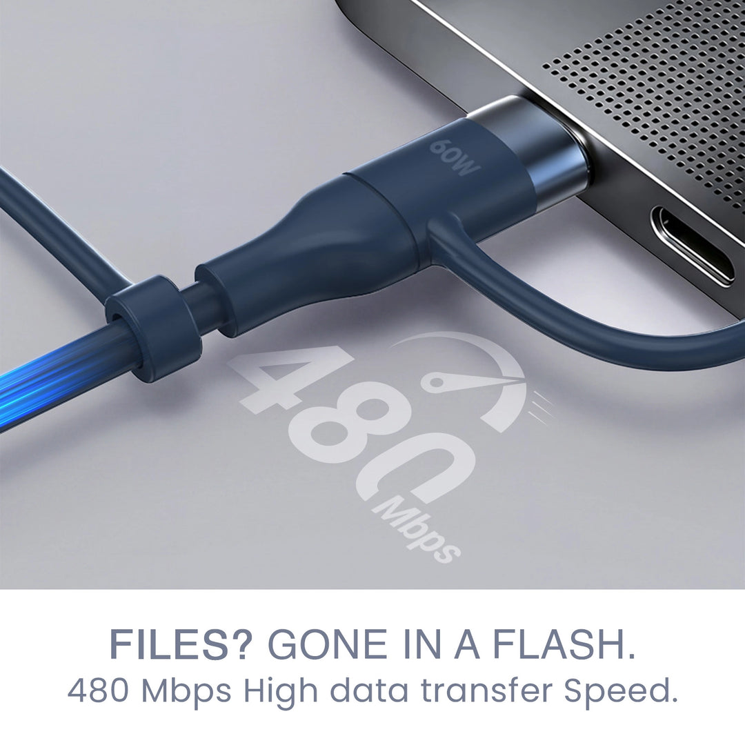 HAMMER 60W 5 in 1 Cable, PD Fast Charging Cable, USB C/A to 60W Type C / 15W Micro / 27W Lightning - Blue