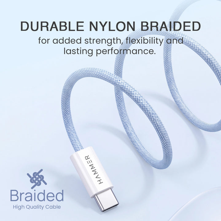Hammer 60W Magnetic Braided USB Type-C to C Fast Charging & Data Transfer Cable, Durable Tangle Free Design (Blue)