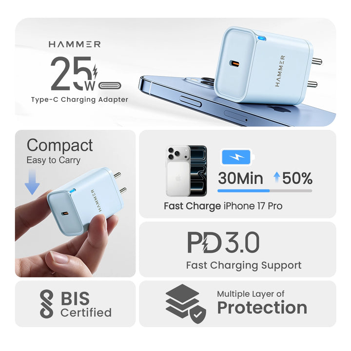 Hammer 25W Fast Type C Charger for Samsung and iPhone with PD, PPS Technology Without Cable (Sky Blue)