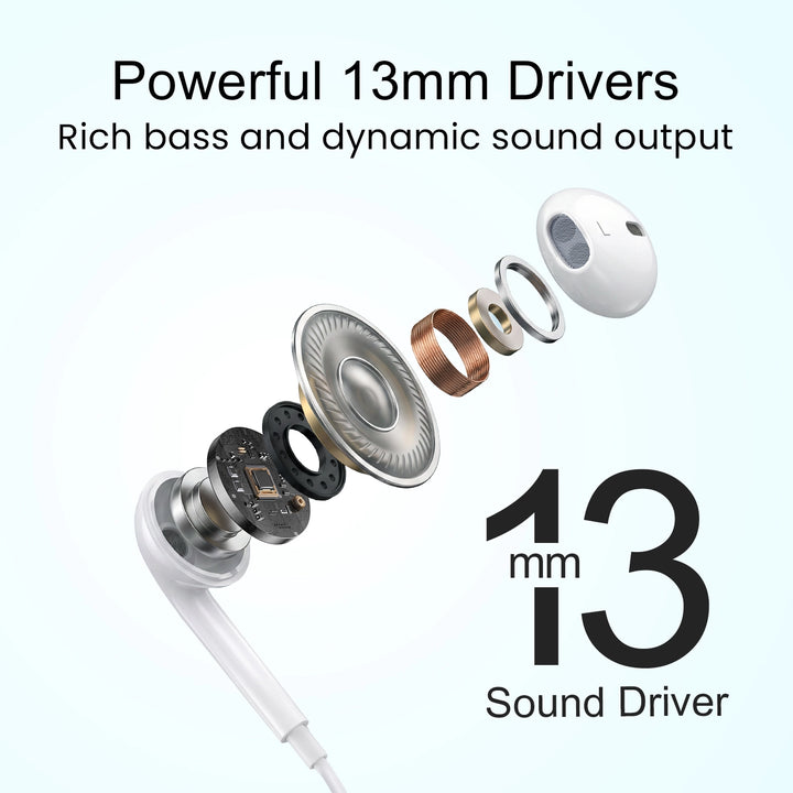 HAMMER Nova 3 Type C Earphones with 13mm Drivers, MFB Control, Ergonomic Half In-Ear Wired Earphones – White
