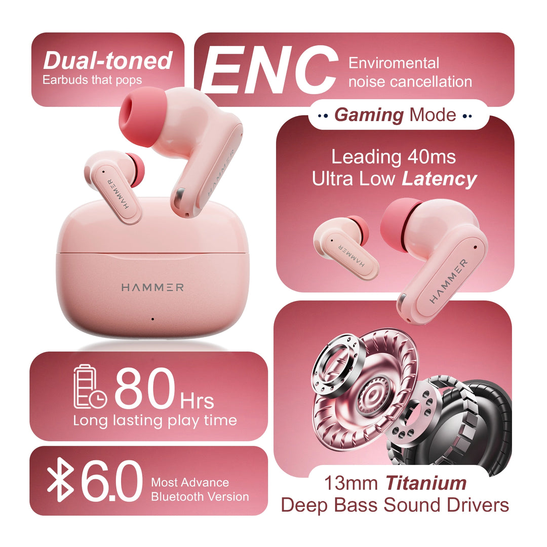Hammer Airflow Neo TWS - 80H Playtime, 13mm Titanium Driver, ENC with 2 MEMS Mics