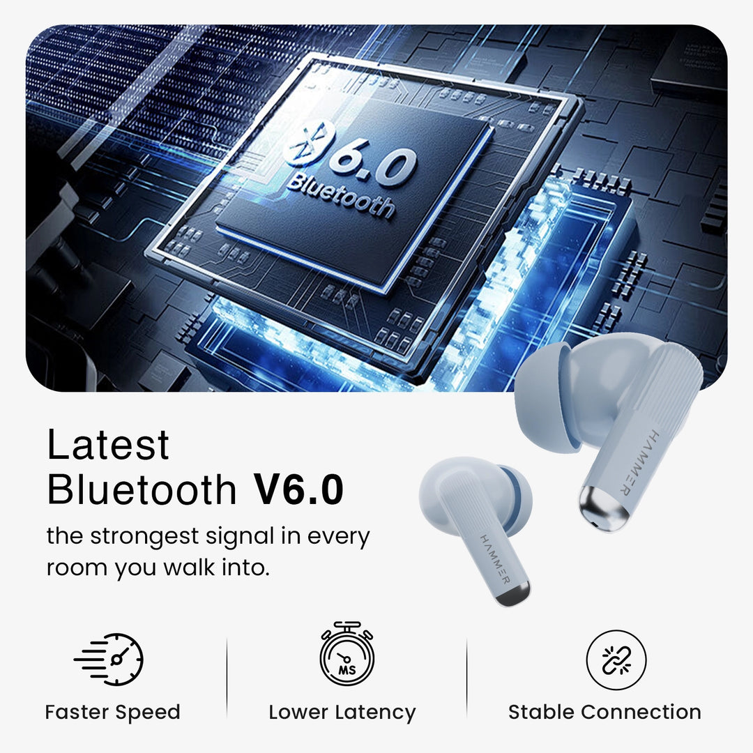Hammer Airflow Solo Earbuds with 80H Playtime, Bluetooth v6.0, 13mm Drivers, Fast Charging (Blue)