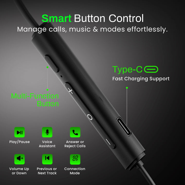 HAMMER Splendor 2 Bluetooth Neckband V6.0 & ENC with 50H Playtime (Black)