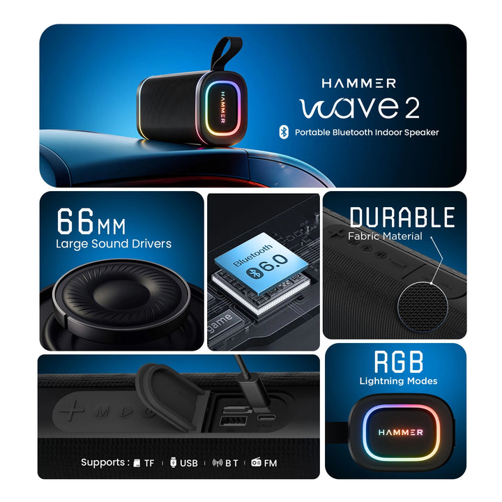 Hammer Wave 2 Bluetooth Speaker 20W RMS with Deep Bass, RGB Lights, Dual Pairing (Black)