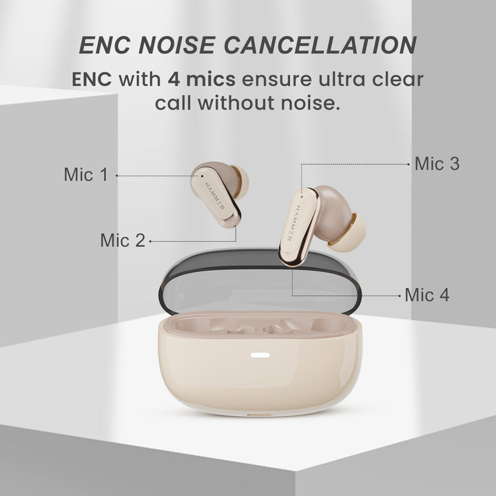 Hammer Aura Wireless Ear Buds with 32dB ANC, 4-Mic ENC,50H Playtime, Low Latency Gaming Mode, IPX4 (Beige)