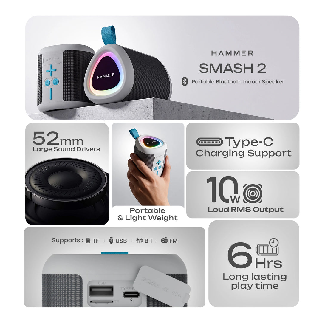 HAMMER Smash 2 10W Bluetooth Speaker, USB/TF/FM, TWS Function, Multi-Color LED Modes (White)