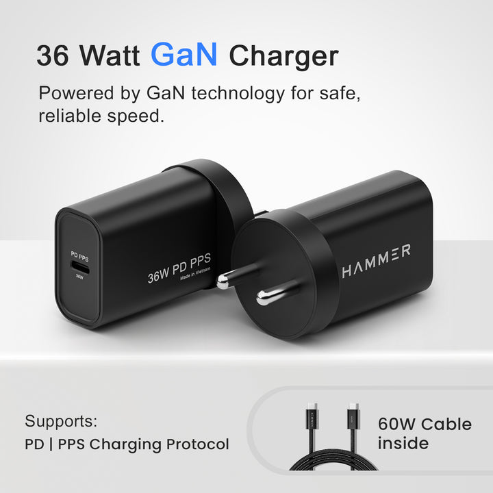 Hammer 36W Fast GaN Charger, iPhone 0 to 50% in 30mins, Dual USB-C, Compatible with iPhone, Samsung Mobiles & Laptop, 2 Yr Warranty, With C to C Cable (Black)