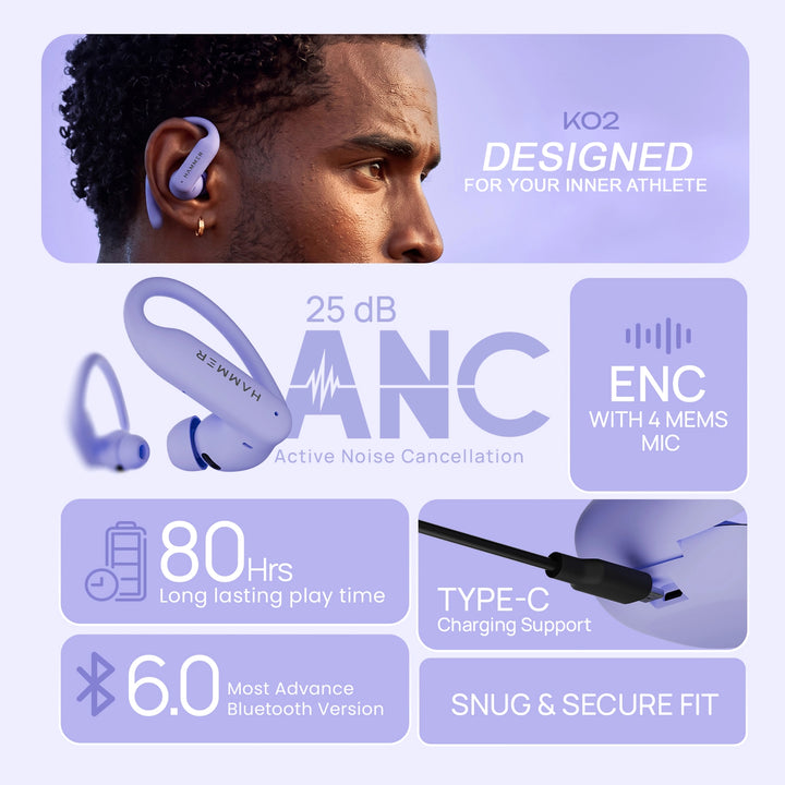 HAMMER KO2 True Wireless Sports Earbuds with 13mm Titanium Driver, Bluetooth 6.0, 25dB ANC