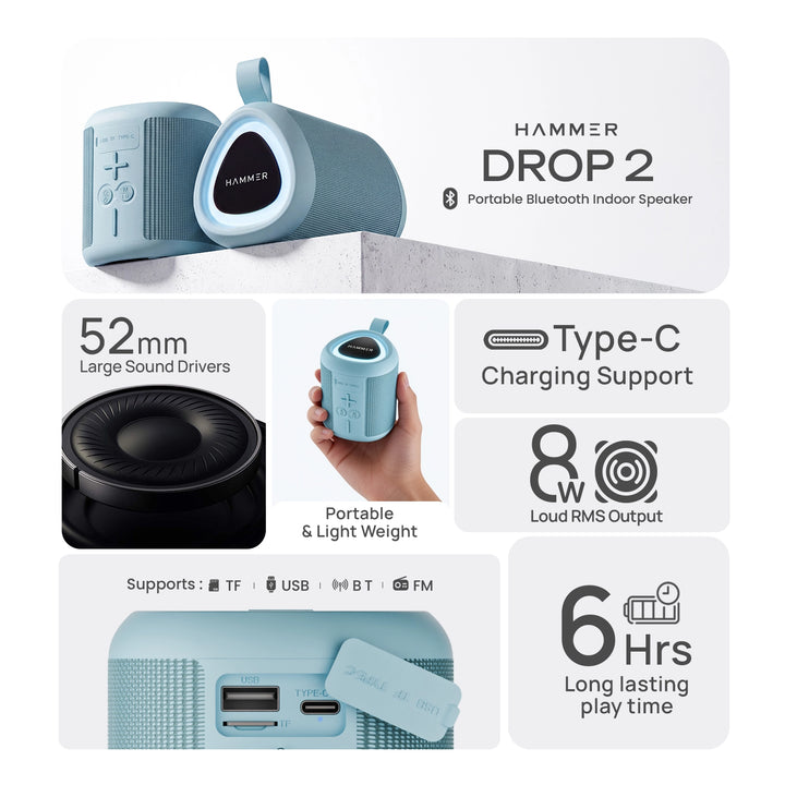 HAMMER Drop 2 8W Bluetooth Speaker, USB/TF/FM, TWS Function, Bluetooth V6.0, Type C Charging (Blue)