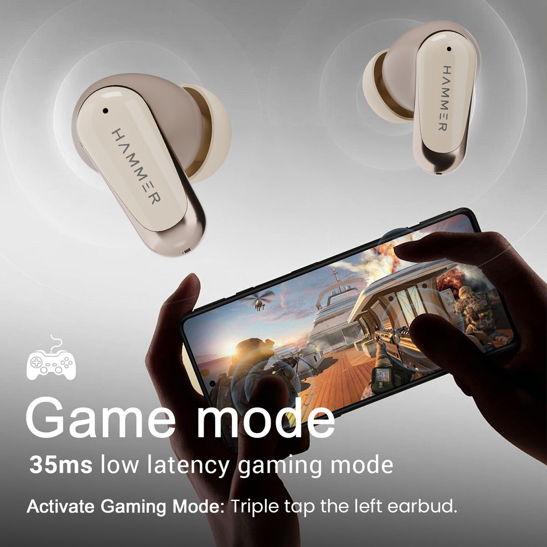 Hammer Aura Wireless Ear Buds with 32dB ANC, 4-Mic ENC,50H Playtime, Low Latency Gaming Mode, IPX4 (Beige)