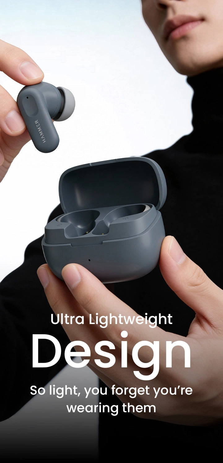 Hammer Airflow GO Ultra-lightweight earbuds with compact case for all-day comfort and ease