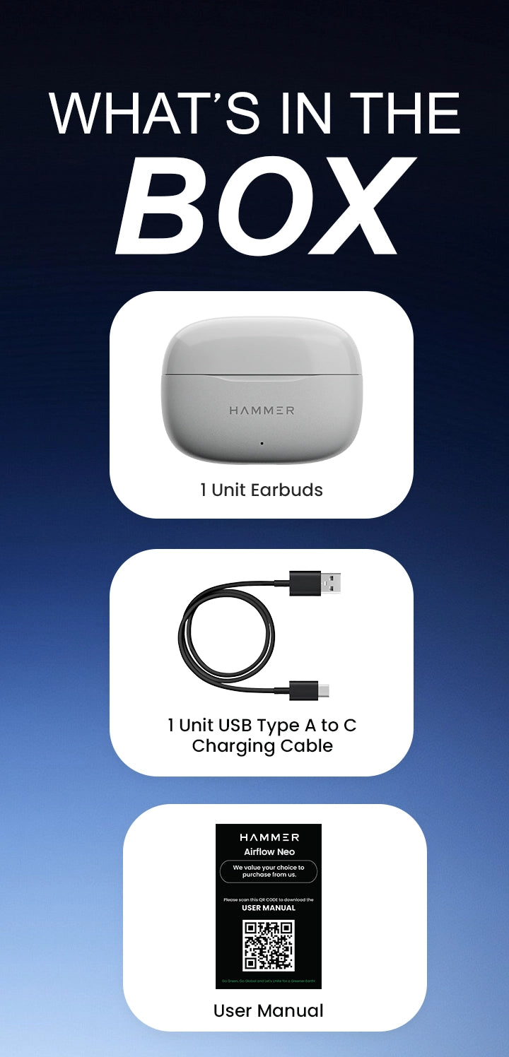 Box includes Hammer Airflow Neo earbuds, USB Type-A to Type-C cable, and user manual