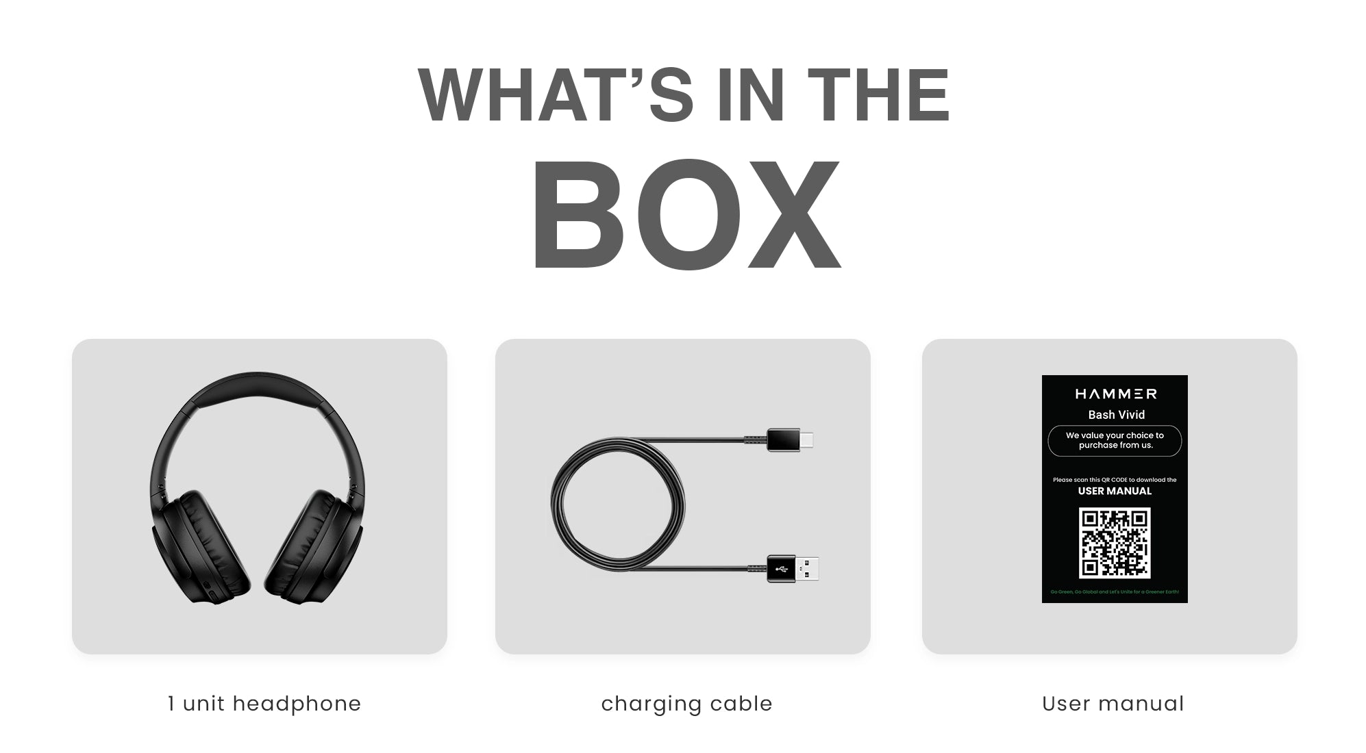 List of items included in a box with Vivid - headphones, charging cable, and user manual.