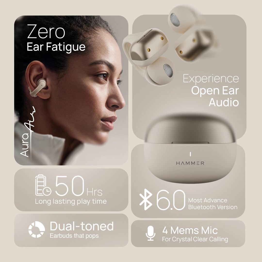 Hammer Aura Air OWS Wireless Open-Ear Earbuds | Clip-On Design | Feather-Light | ENC Quad Mic - Champagne Gold