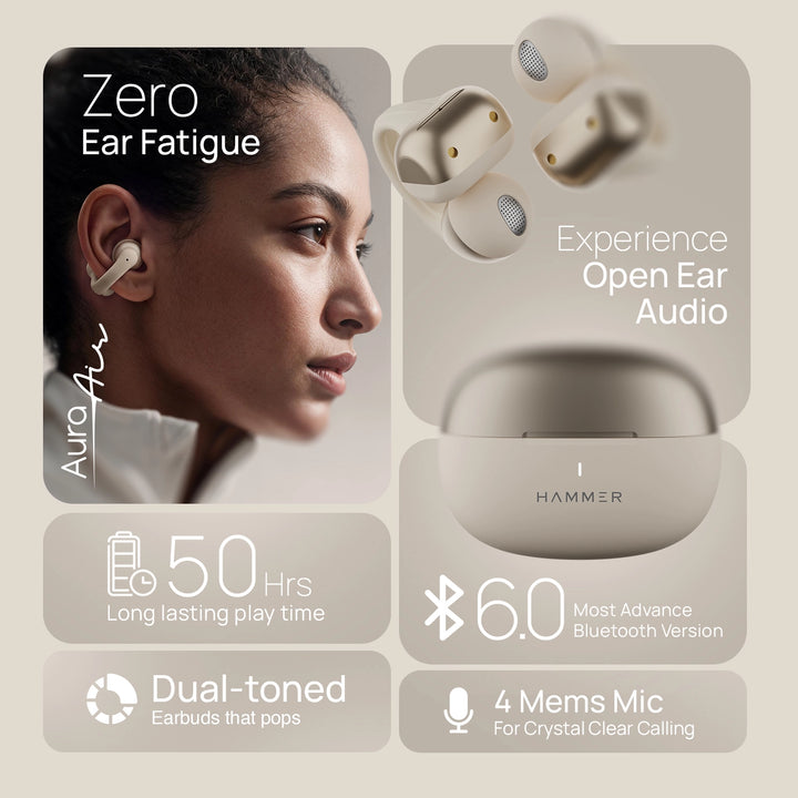 Hammer Aura Air OWS Wireless Open-Ear Earbuds | Clip-On Design | Feather-Light | ENC Quad Mic - Champagne Gold