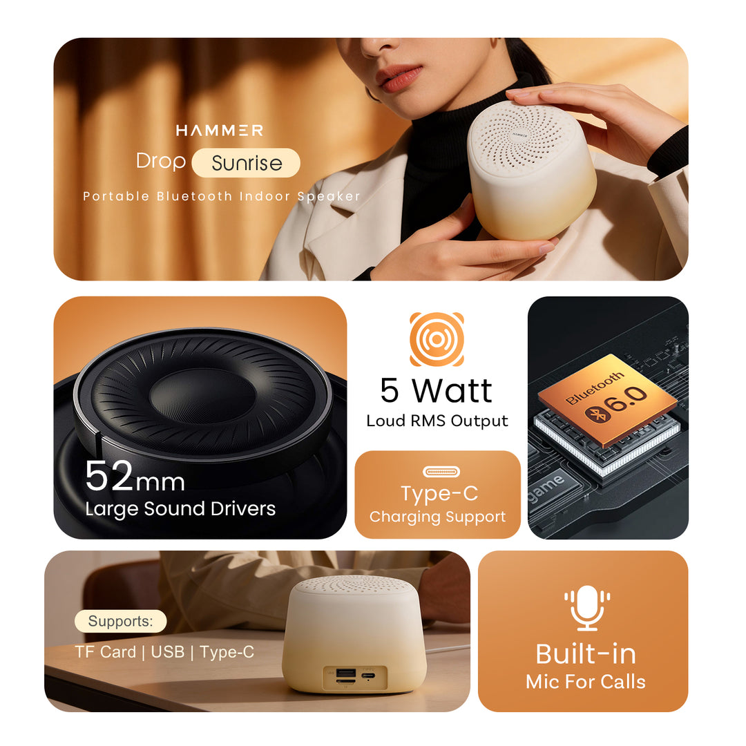 HAMMER Drop Sunrise 5W Portable Speaker with Bluetooth 6.0 & Up to 32H Playtime Beige