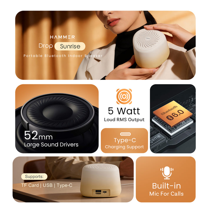 HAMMER Drop Sunrise 5W Portable Speaker with Bluetooth 6.0 & Up to 32H Playtime Beige