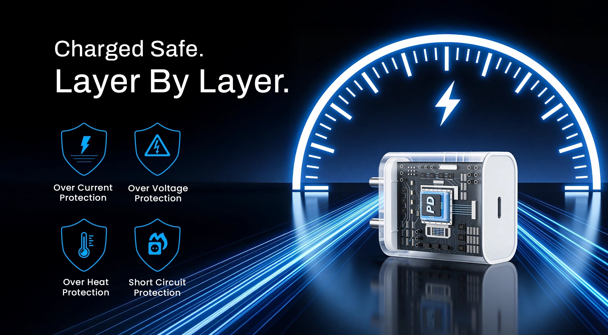 Hammer 20W PD Adapter comes with advanced safety layers protect against overheating, overvoltage, overcurrent, and short circuits