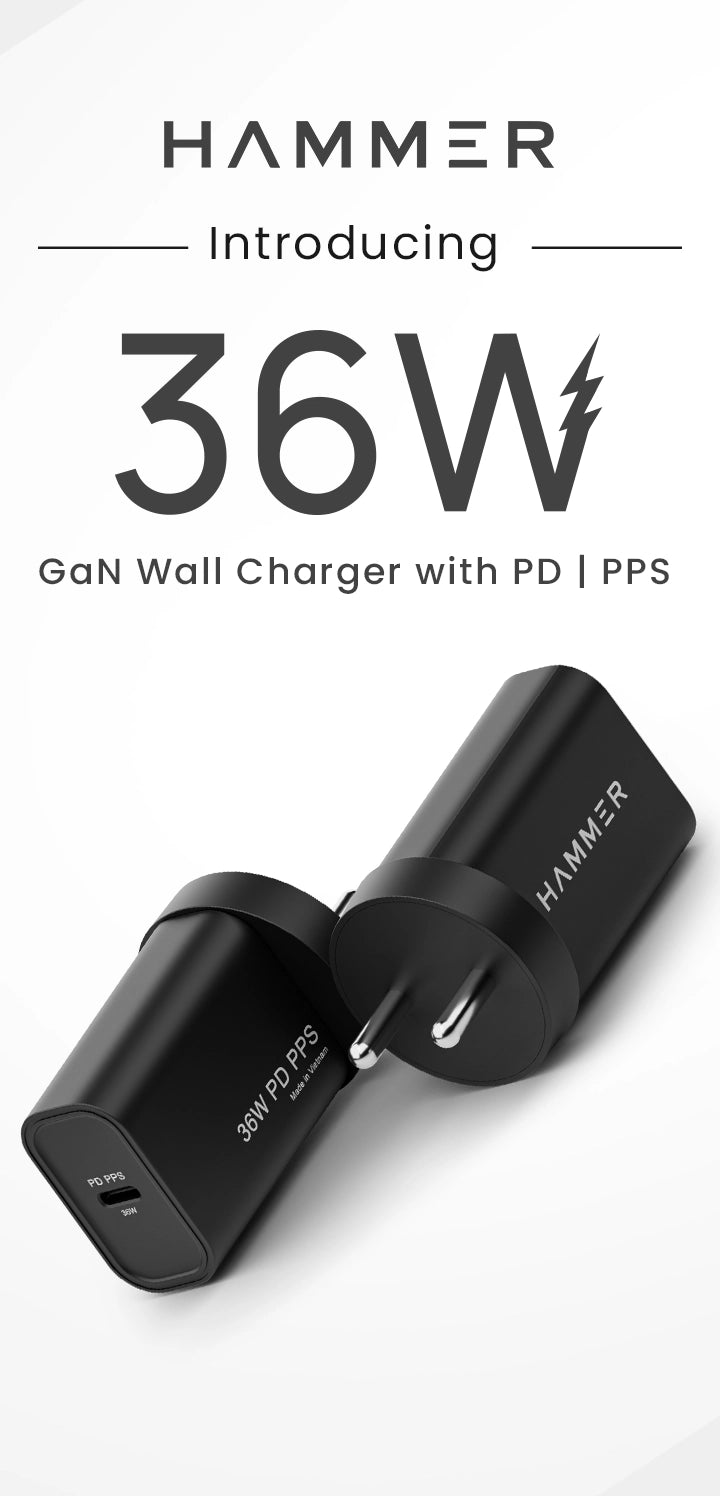 Hammer 36W GaN wall charger with PD & PPS for ultra-fast, efficient charging.