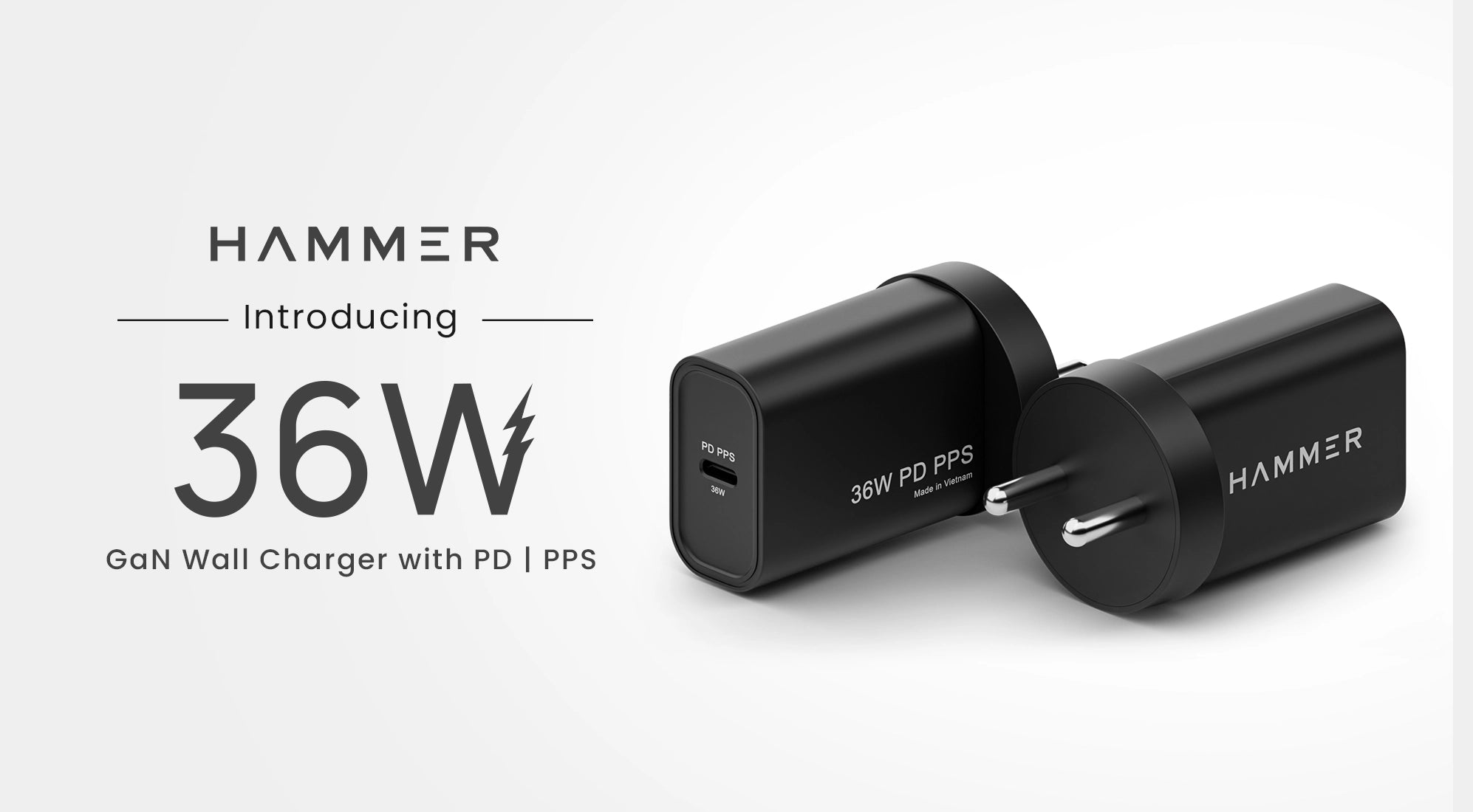 Hammer 36W GaN wall charger with PD & PPS for ultra-fast, efficient charging.