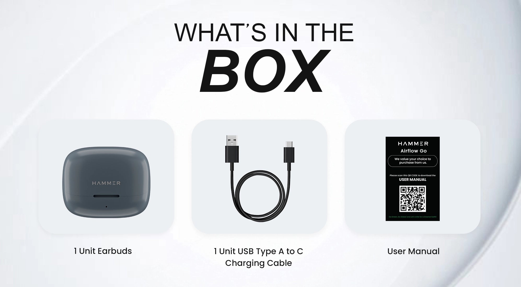 Airflow GO What's in the Box - 1 unit Earbuds, 1 unit A to C charging cable, User manual