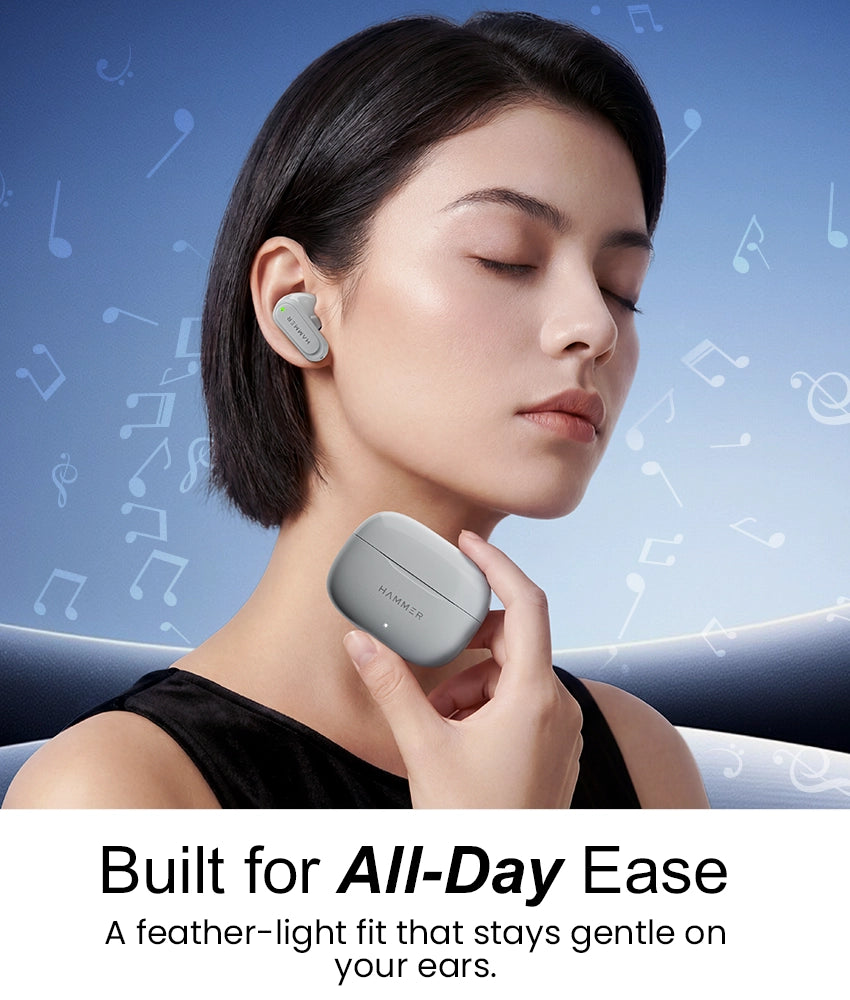 Lightweight Hammer Airflow Neo earbuds designed for all-day comfort with a gentle, secure fit.