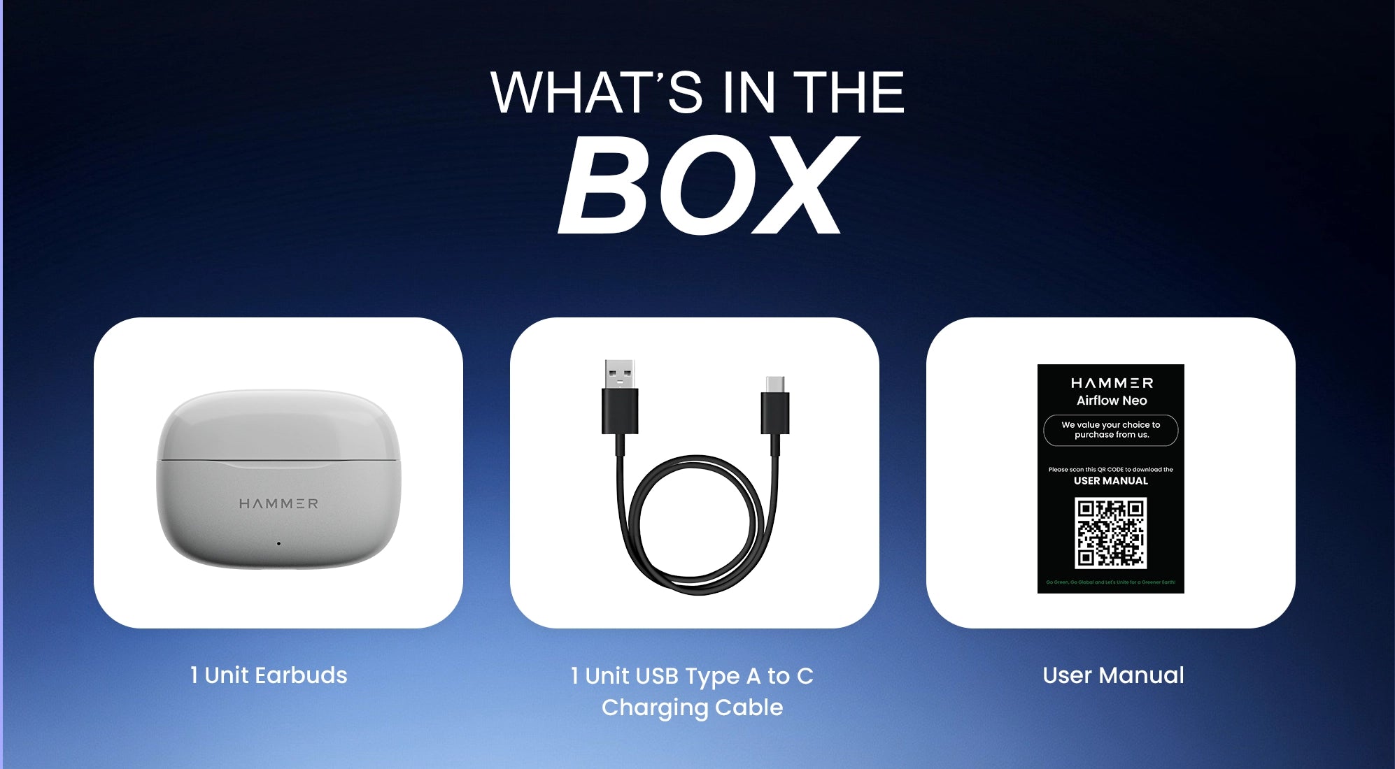 Box includes Hammer Airflow Neo earbuds, USB Type-A to Type-C cable, and user manual