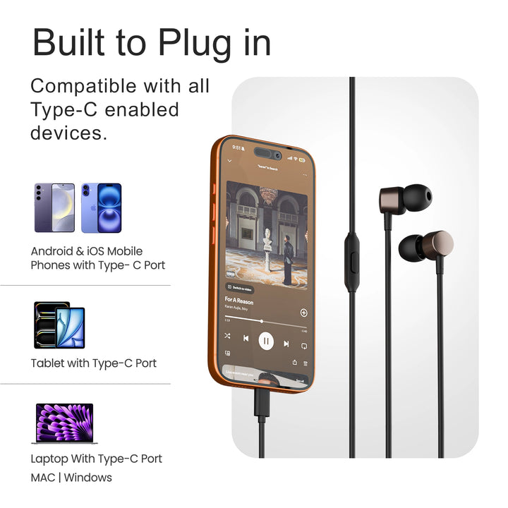 Nova 2 Universal Type-C earphones compatible with smartphones, tablets, and laptops
