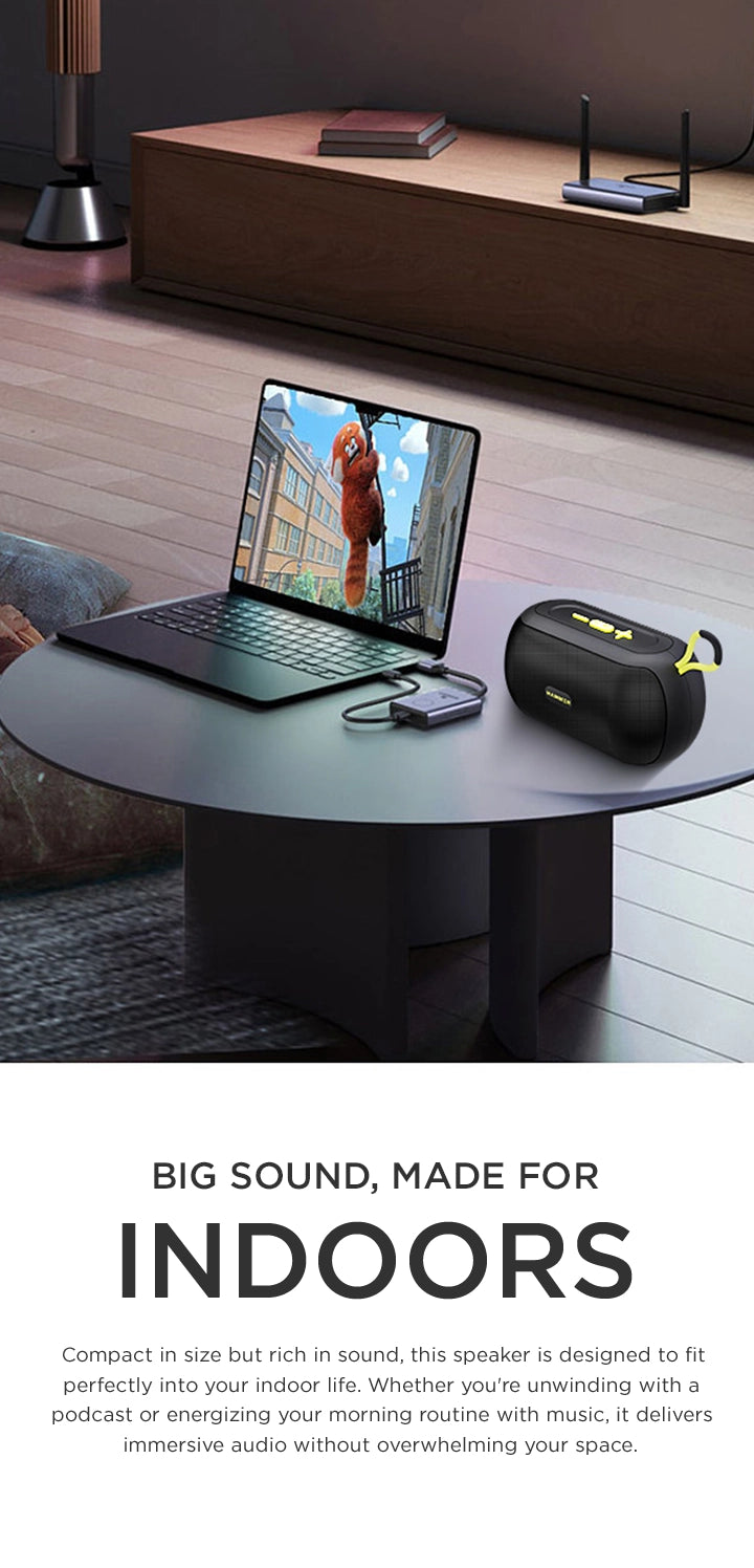 Compact indoor speaker delivering rich, immersive audio for music, podcasts, and daily routines.