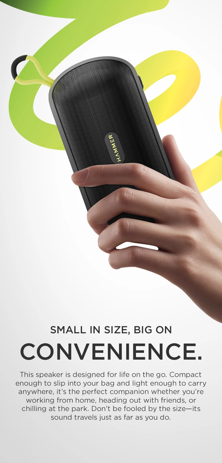 Compact portable speaker, lightweight design with powerful sound for travel, work, or leisure.
