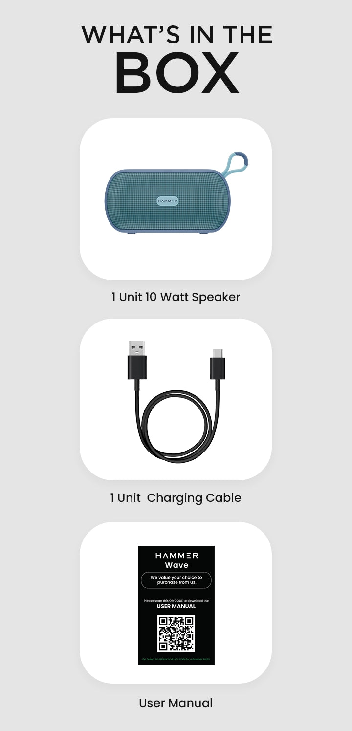 Package includes 10W speaker, USB Type-A to C charging cable, and user manual.