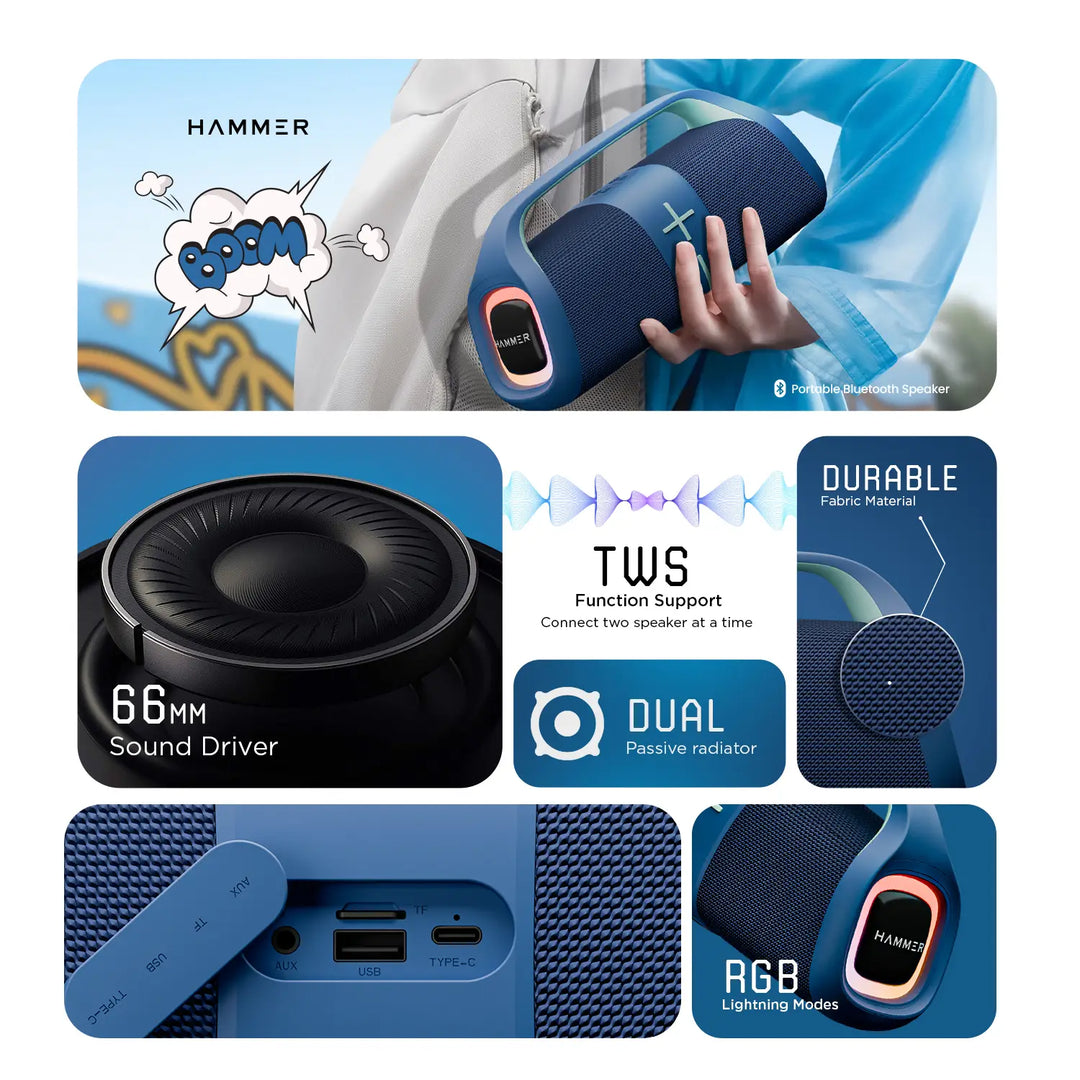 Hammer Boom 30W Bluetooth Speaker with RGB Lights and Dual Passive Radiators